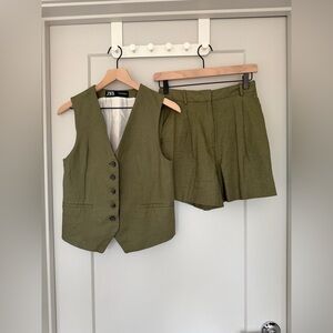 Zara Olive Green Tailored Shorts and Vest